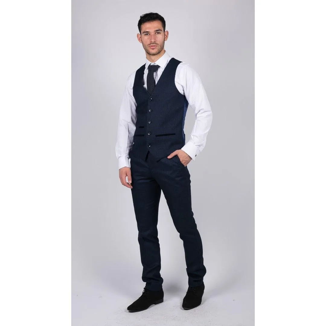 Mens Navy Blue 3 Piece Suit Birdseye Suit Wedding Prom Formal Smart Classic