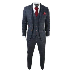 Mens Navy Blue 3 Piece Suit Herringbone Tweed Checked Formal Dress Suits