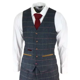 Mens Navy Blue Waistcoat Herringbone Tweed Checked Formal Suit Vests