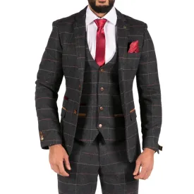 Mens Navy Blue Wine Check Herringbone Tweed Vintage 3 Piece New Marc Darcy Suit