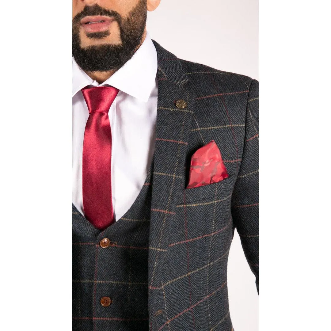 Mens Navy Blue Wine Check Herringbone Tweed Vintage 3 Piece New Marc Darcy Suit