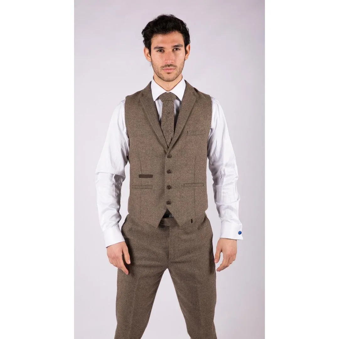 Mens Oak 3 Piece Tweed Suit Herringbone Wool Vintage Retro Fit