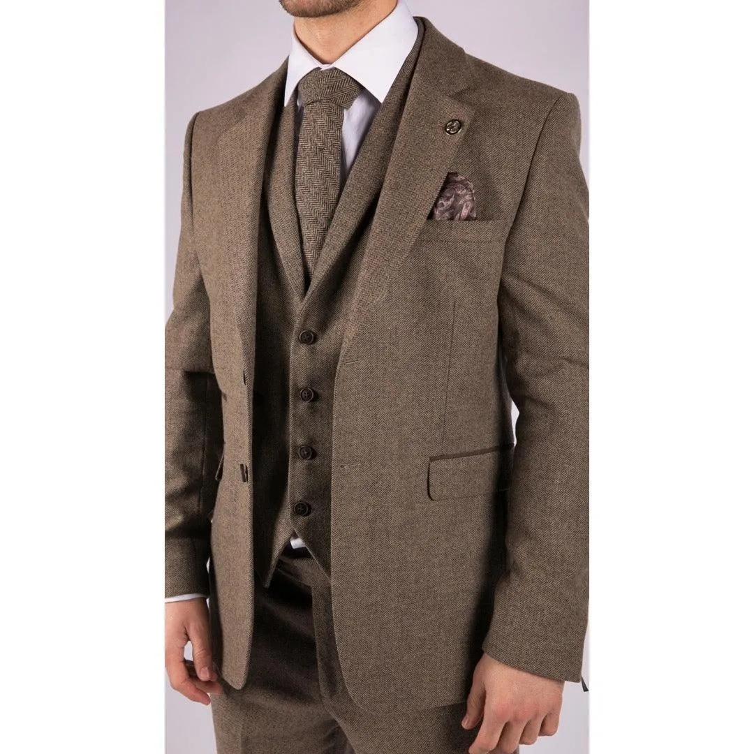 Mens Oak 3 Piece Tweed Suit Herringbone Wool Vintage Retro Fit