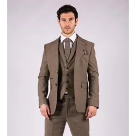 Mens Oak 3 Piece Tweed Suit Herringbone Wool Vintage Retro Fit