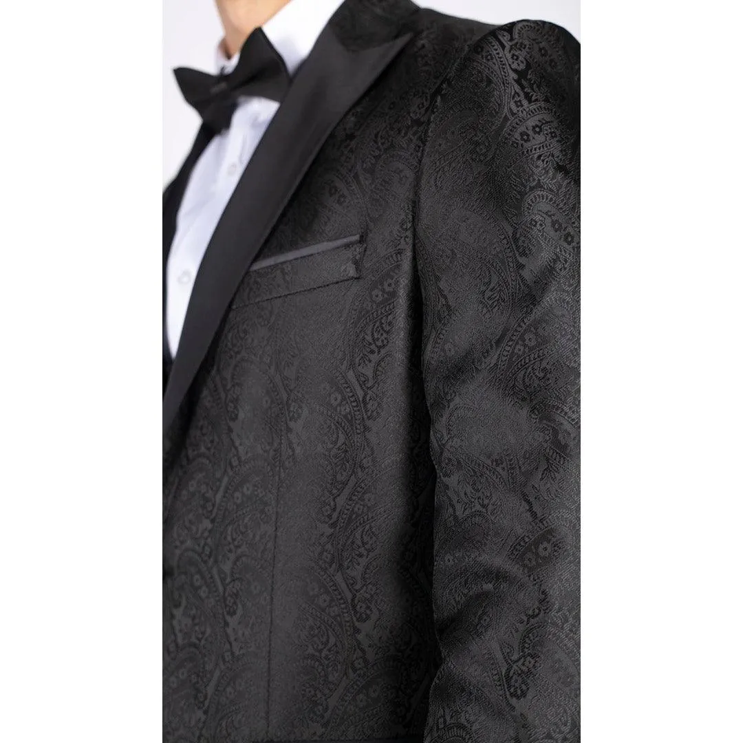 Mens Paisley Tuxedo Blazer And Waistcoat Brocade Dinner Jacket Satin Black Fit