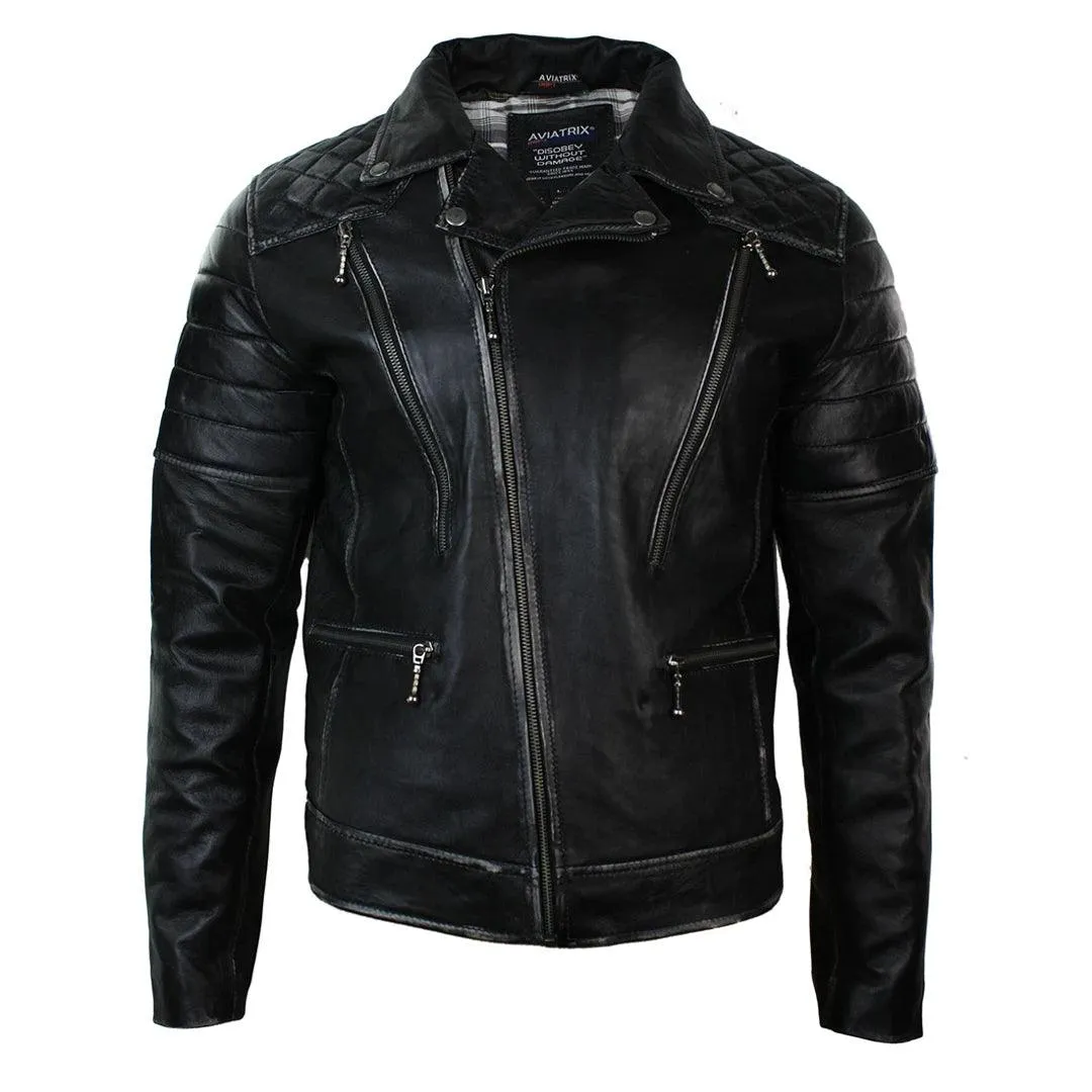 Mens Punk Rock Real Leather Cross Zip Biker Jacket Vintage Retro Effect