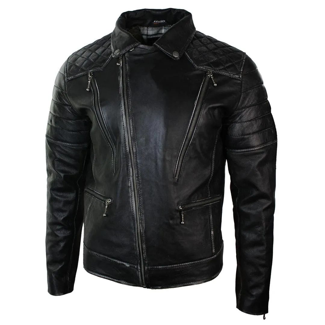 Mens Punk Rock Real Leather Cross Zip Biker Jacket Vintage Retro Effect