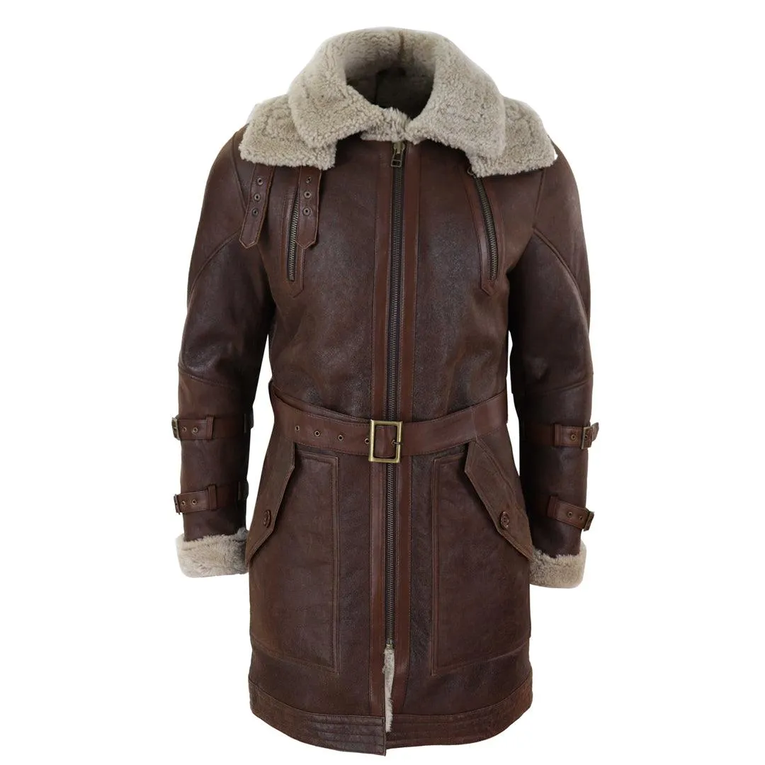 Mens Real 3/4 Shearling Sheepskin Jacket Brown Beige Long Belt Flying Cockpit