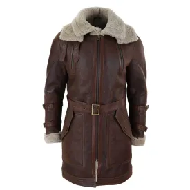 Mens Real 3/4 Shearling Sheepskin Jacket Brown Beige Long Belt Flying Cockpit