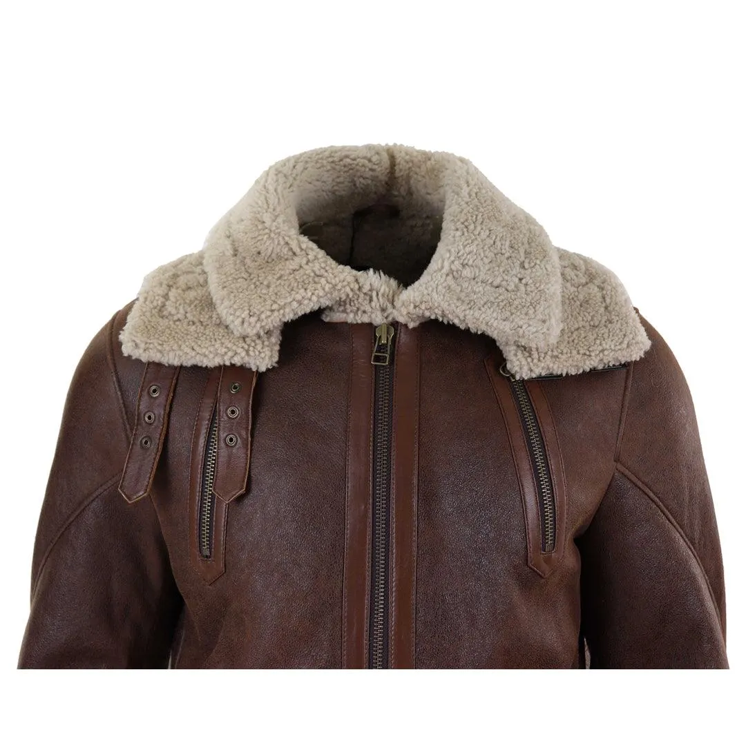 Mens Real 3/4 Shearling Sheepskin Jacket Brown Beige Long Belt Flying Cockpit