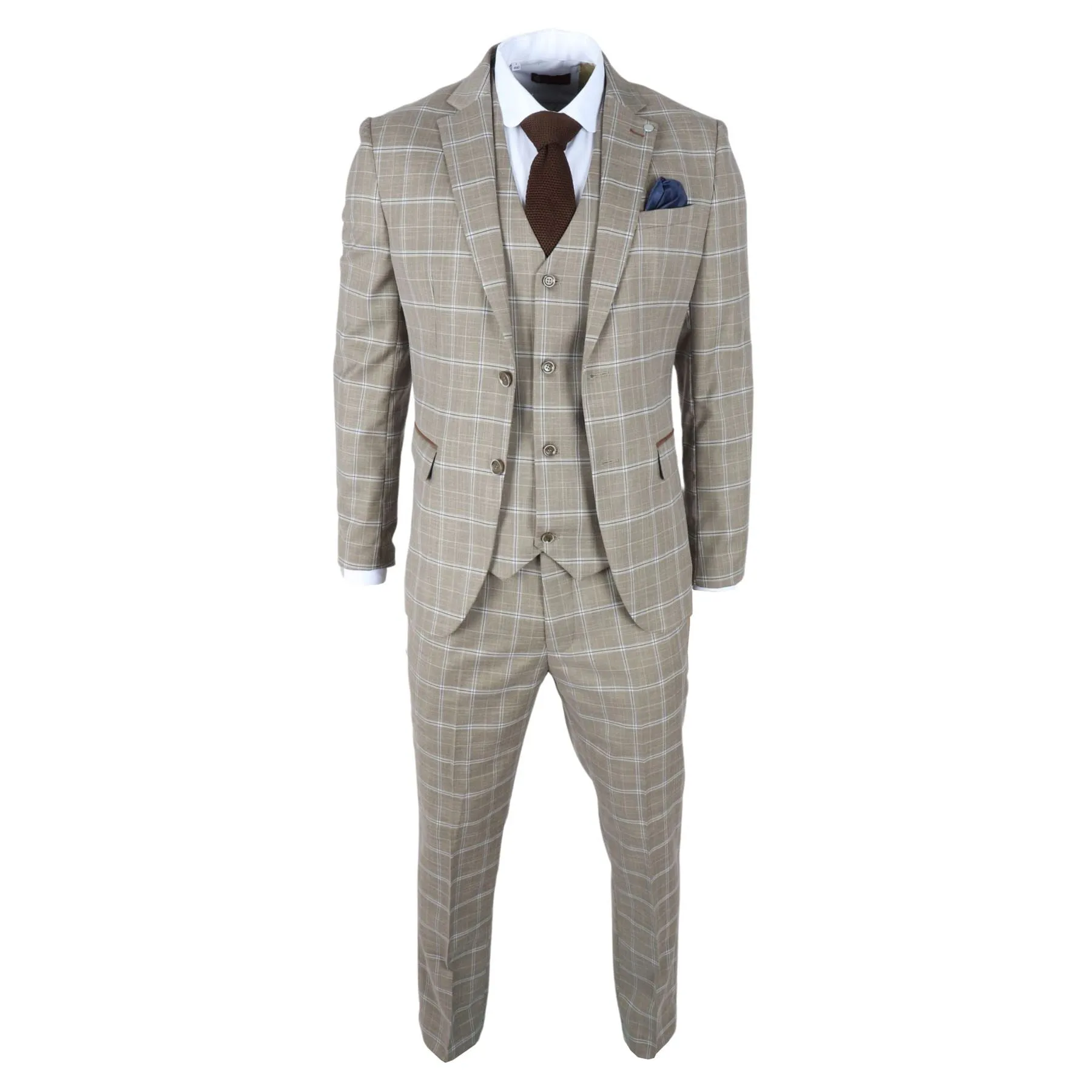 Men's Suit 3 Piece Brown Checked Classic Plaid Tailored Fit Formal Dress