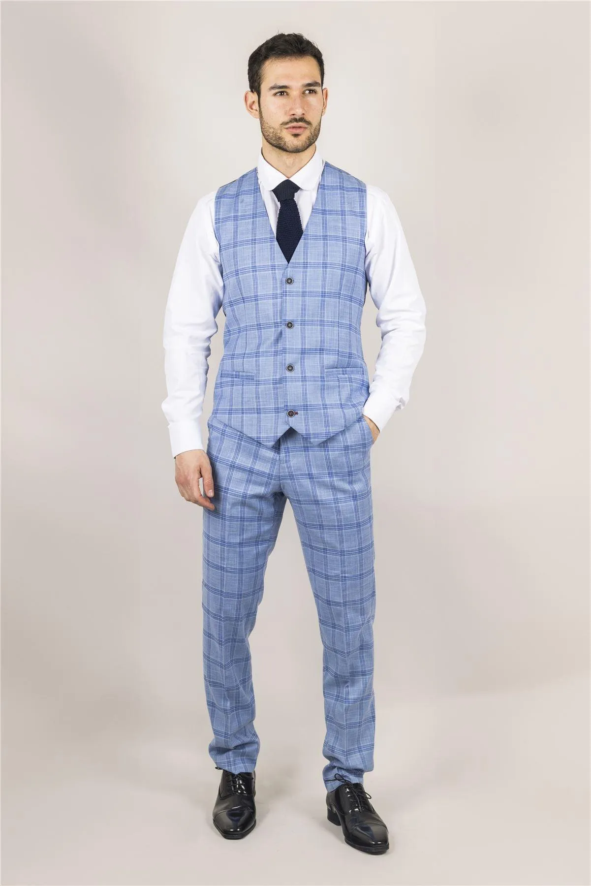 Men's Suit 3 Piece Light Blue Checked Classic Plaid Tailored Fit Formal Dress