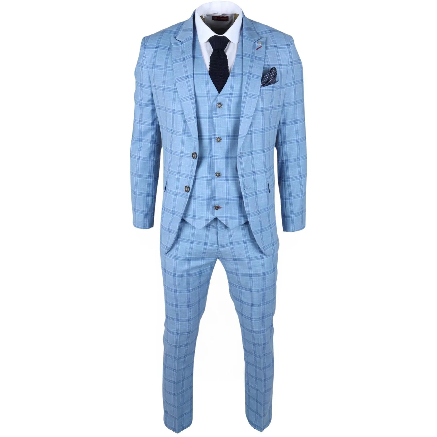 Men's Suit 3 Piece Light Blue Checked Classic Plaid Tailored Fit Formal Dress