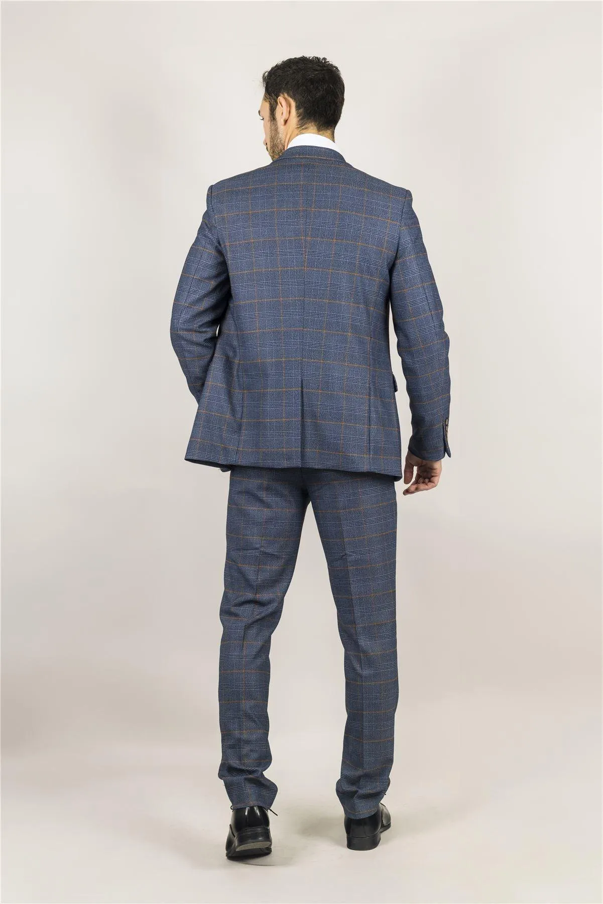 Men's Suit 3 Piece Navy Blue Checked Classic Plaid Tailored Fit Formal Dress