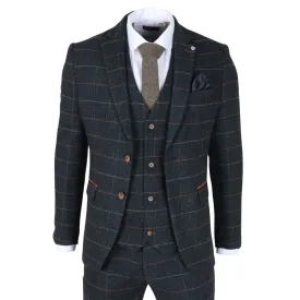 Men's Suit 3 Piece Navy Blue Checked Herringbone Tweed Tailored Fit Formal Dress