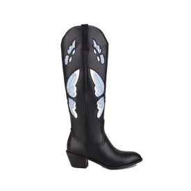 Merendy Nermen Round toe Med Block-Heel butterfly embroidered knee high boots