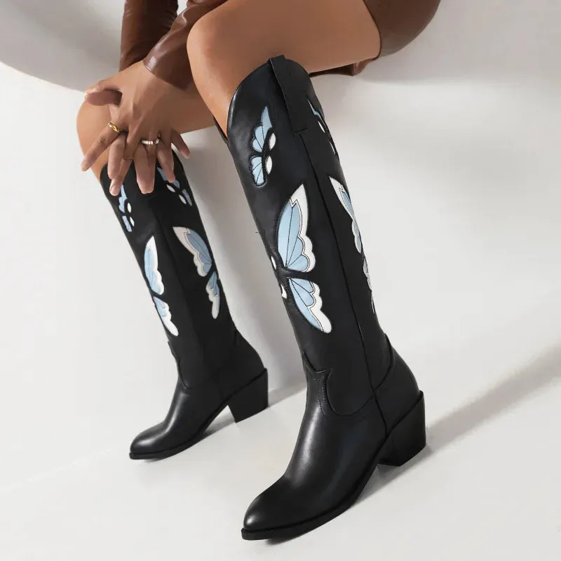 Merendy Nermen Round toe Med Block-Heel butterfly embroidered knee high boots