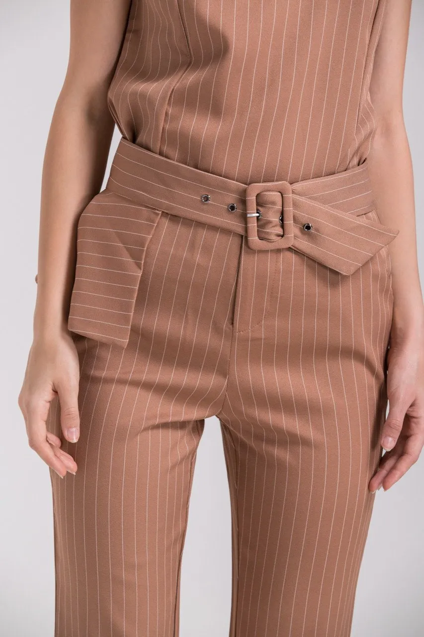 Mocha Pin Stripe Sleeveless Pantsuit Set