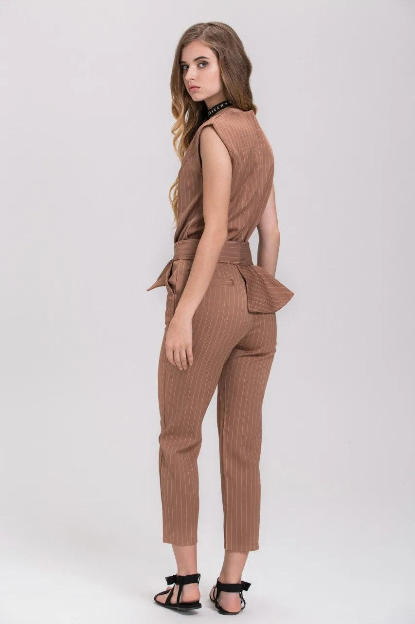 Mocha Pin Stripe Sleeveless Pantsuit Set