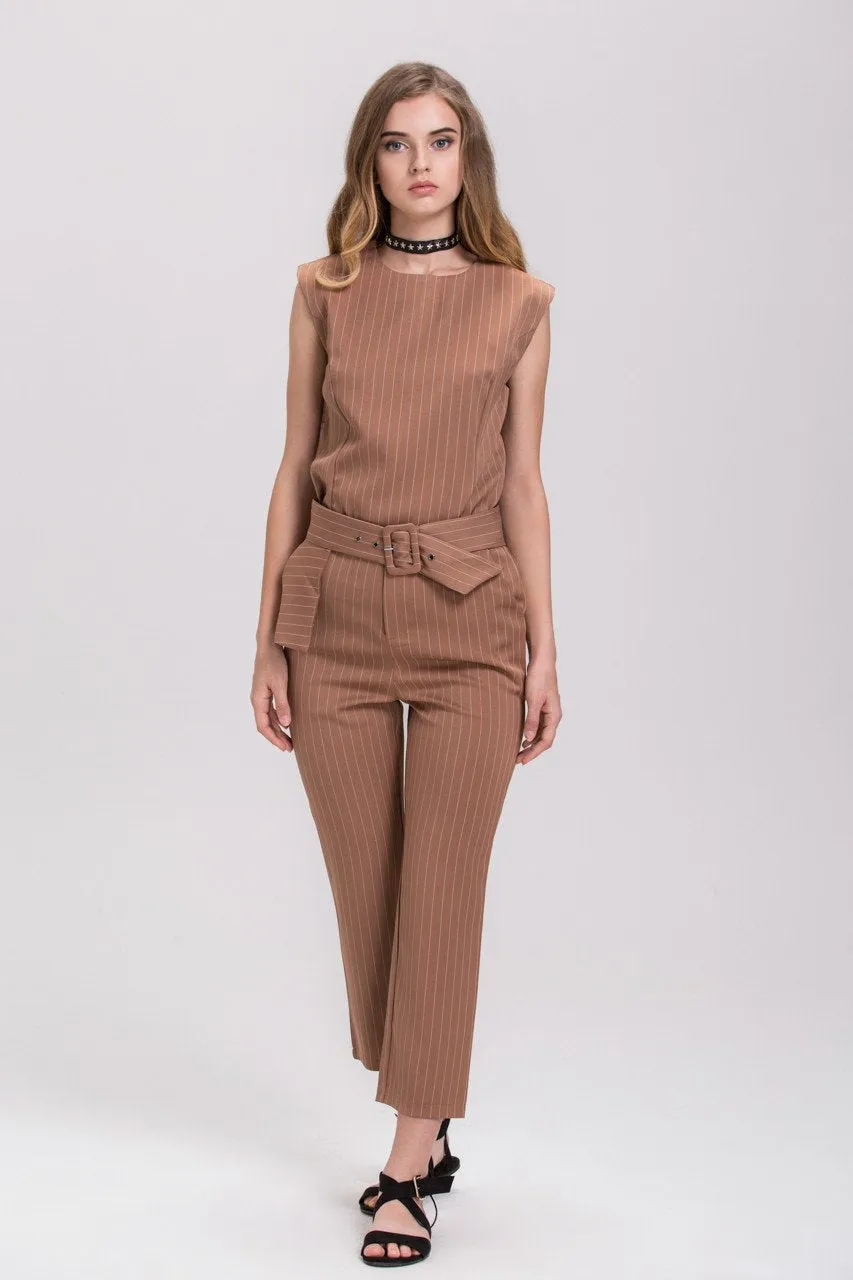 Mocha Pin Stripe Sleeveless Pantsuit Set