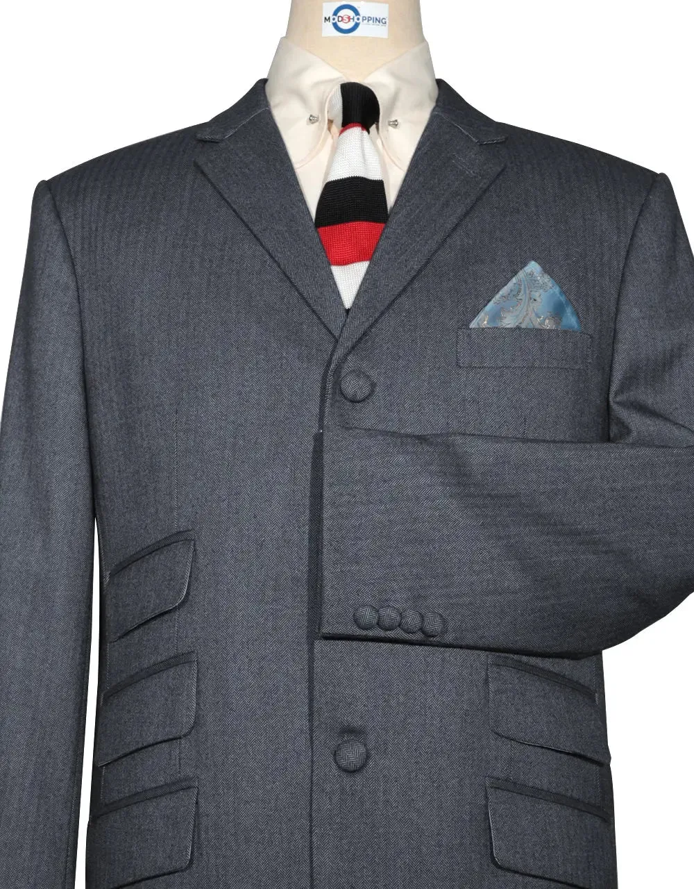 Mod Suit - Charcoal Grey Herringbone Tweed Suit 2-3 Pockets