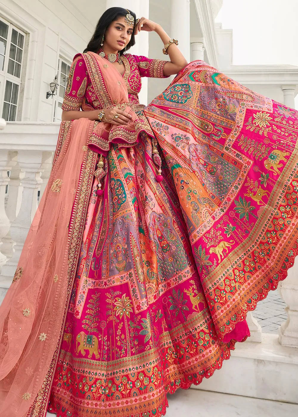 Multicolor Peach Heavy Embroidered Silk Bridal Lehenga Choli