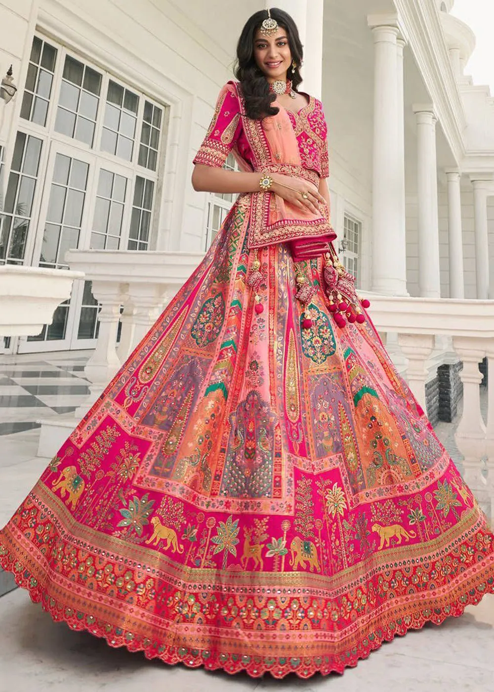 Multicolor Peach Heavy Embroidered Silk Bridal Lehenga Choli