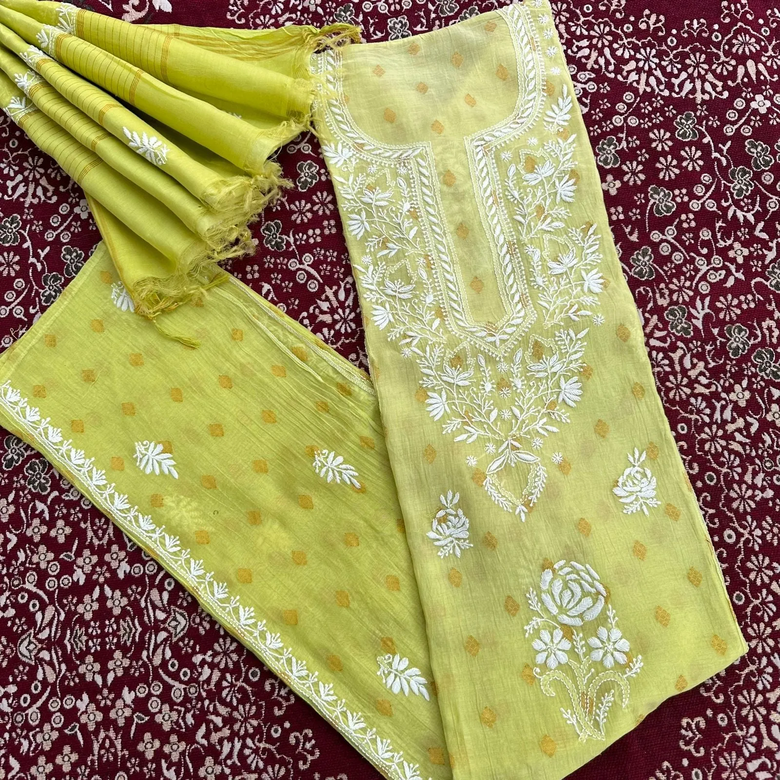 NCH,Banarasi Pure Soft Chanderi 2Pcs Suits With lucknowi Premium Hand Embroidred Chikankari