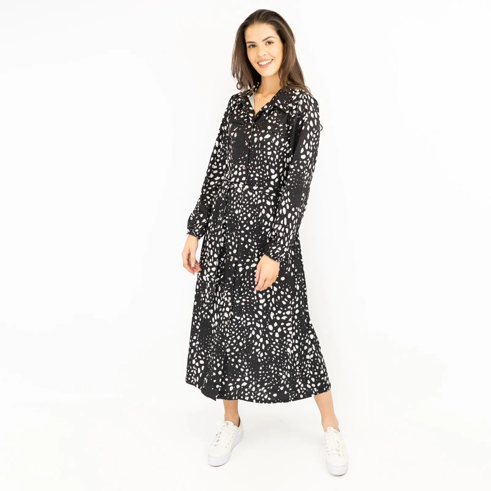 Oasis Black White Polka Dot Long Sleeve Midi Shirt Dresses