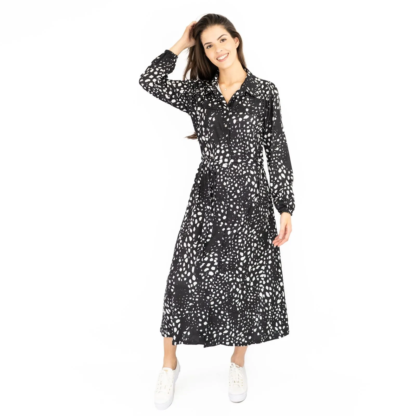 Oasis Black White Polka Dot Long Sleeve Midi Shirt Dresses