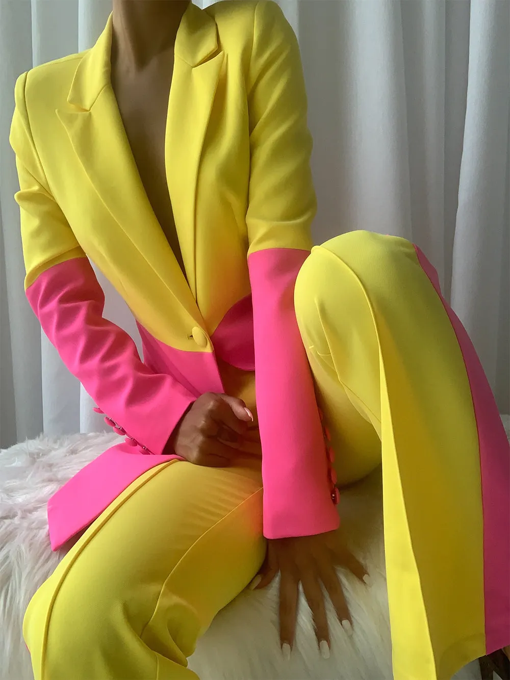 PETELE Blazer & Pants Set in Yellow & Pink