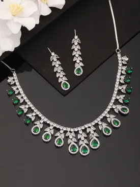 Rhodium-Plated Green American Diamond Studded Handcrafted Jewelry Set