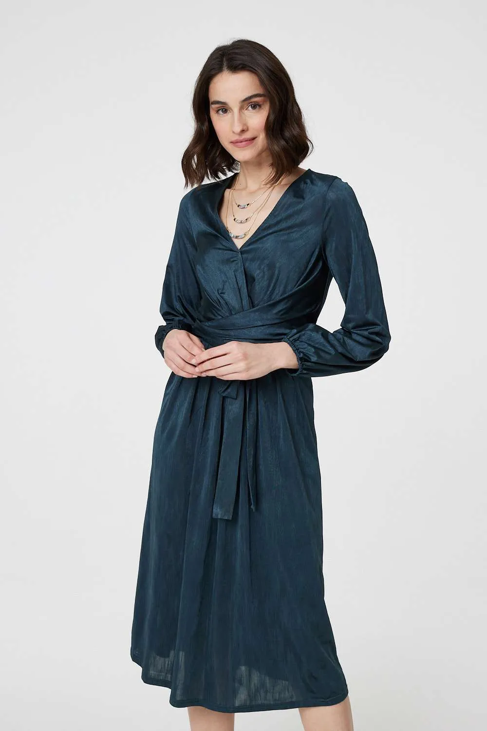 Ruched Long Sleeve Midi Wrap Dress