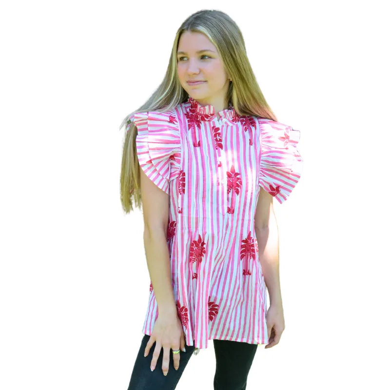 Ruffle Sleeve Top | Pink Palms