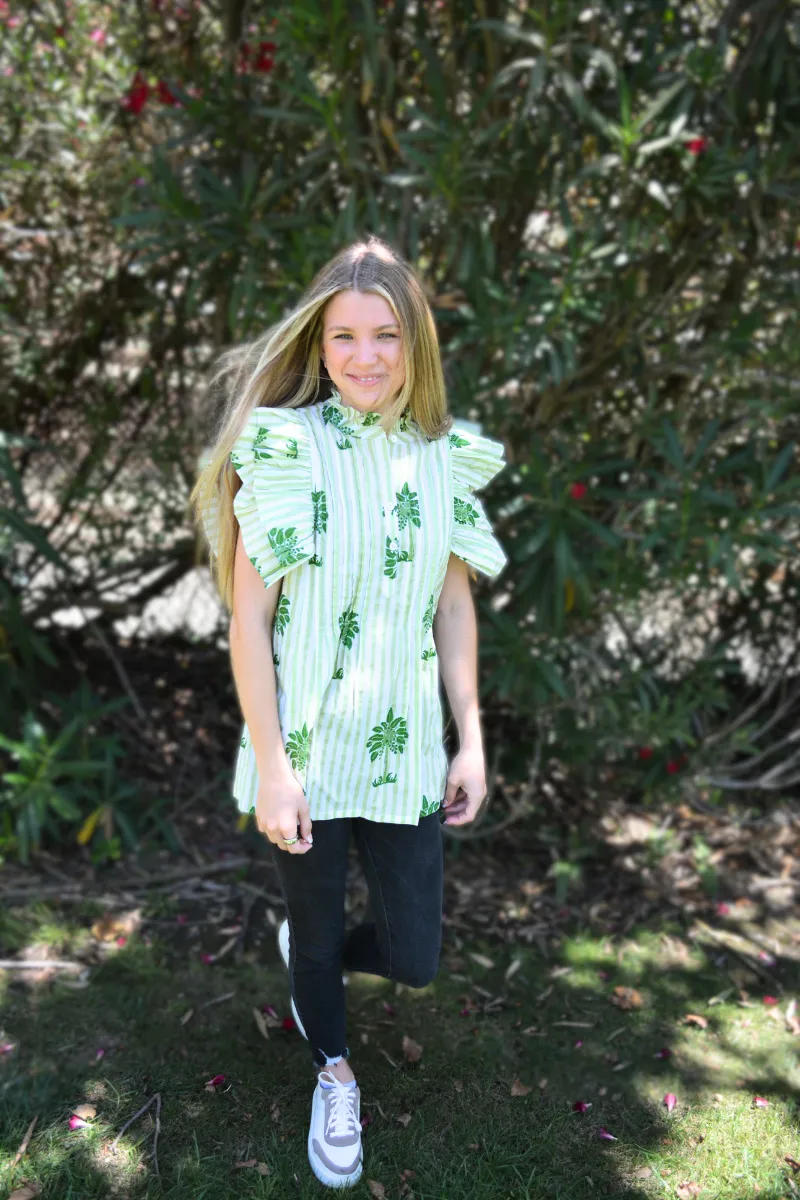 Ruffle Sleeve Top | Summer Palms