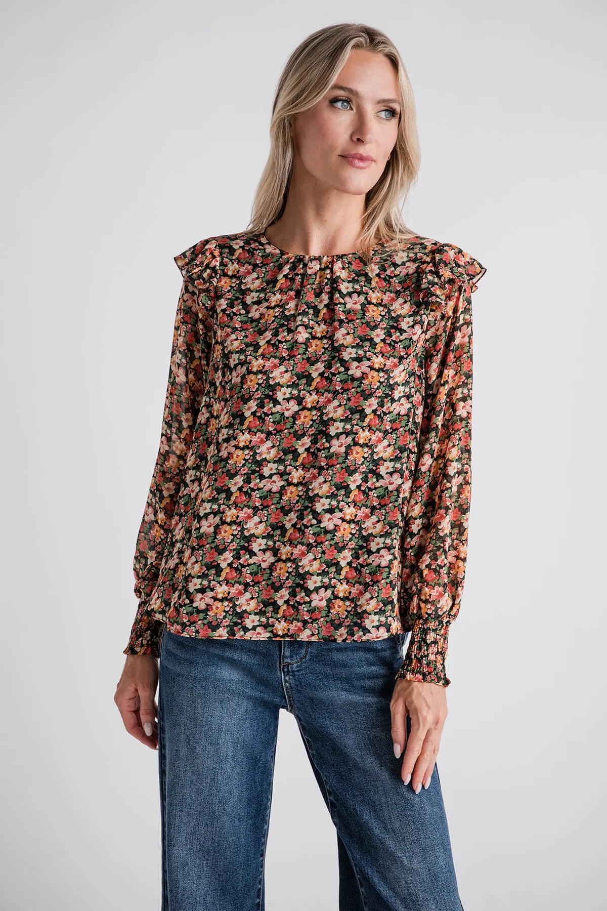 Skies Are Blue Floral Print Sleeve Ruffle Blouse