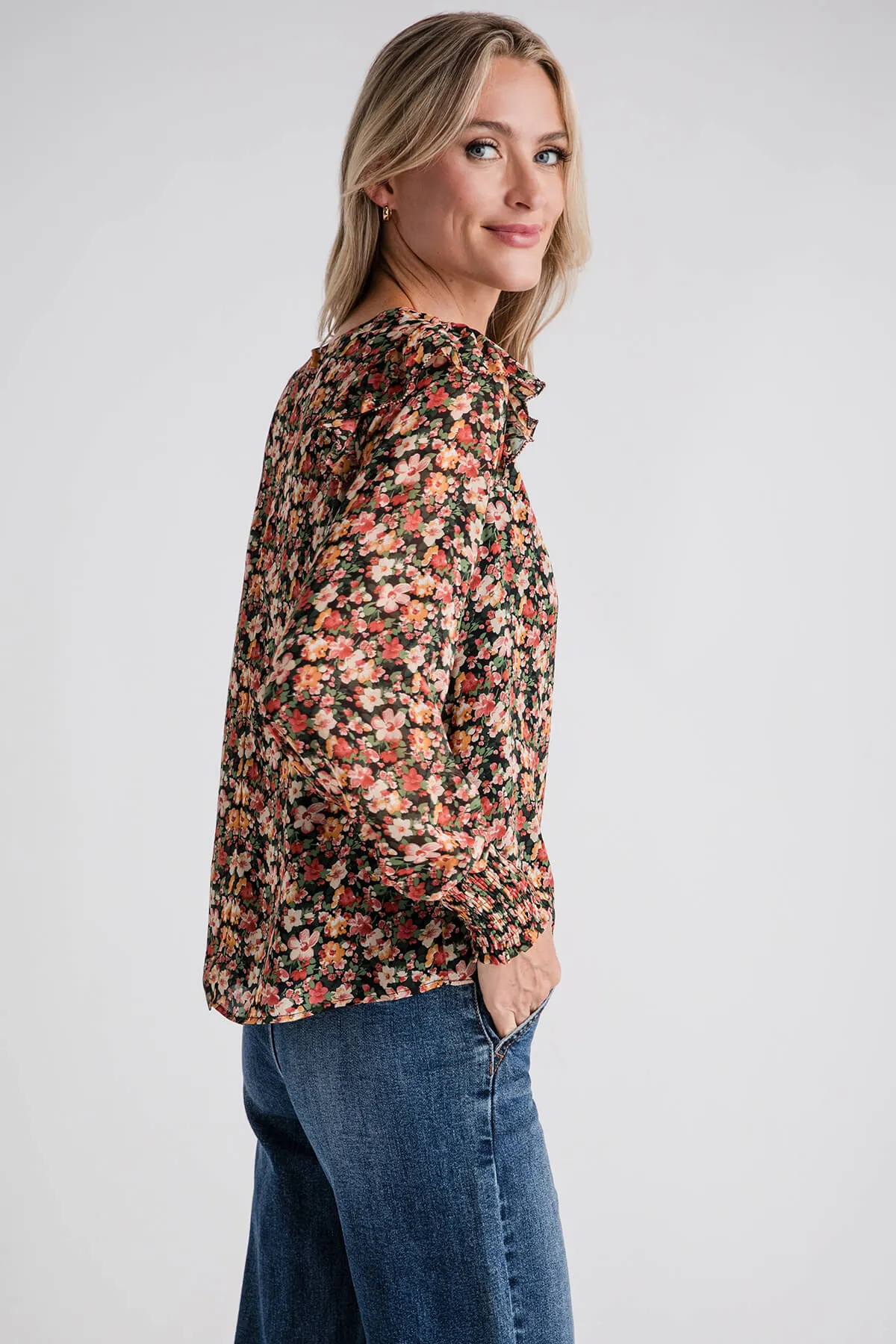 Skies Are Blue Floral Print Sleeve Ruffle Blouse