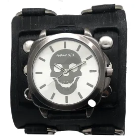 Skull Silver Watch with Ring Distressed Black Leather Triple Strap Cuff