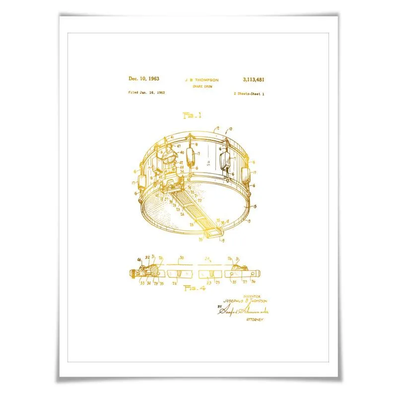 Snare Drum Gold Foil Patent Illustration. 7 Foil Colours. Music Poster. Drummer Art Print