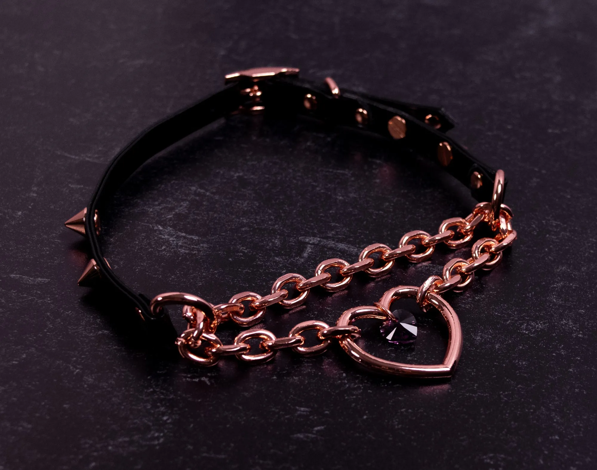 Spiked Swarovski Heart Ring Black Vegan Leather Martingale Collar