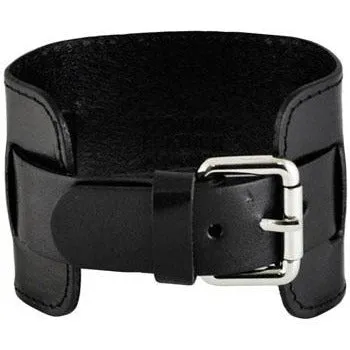 Stitched Black Leather Wide Cuff