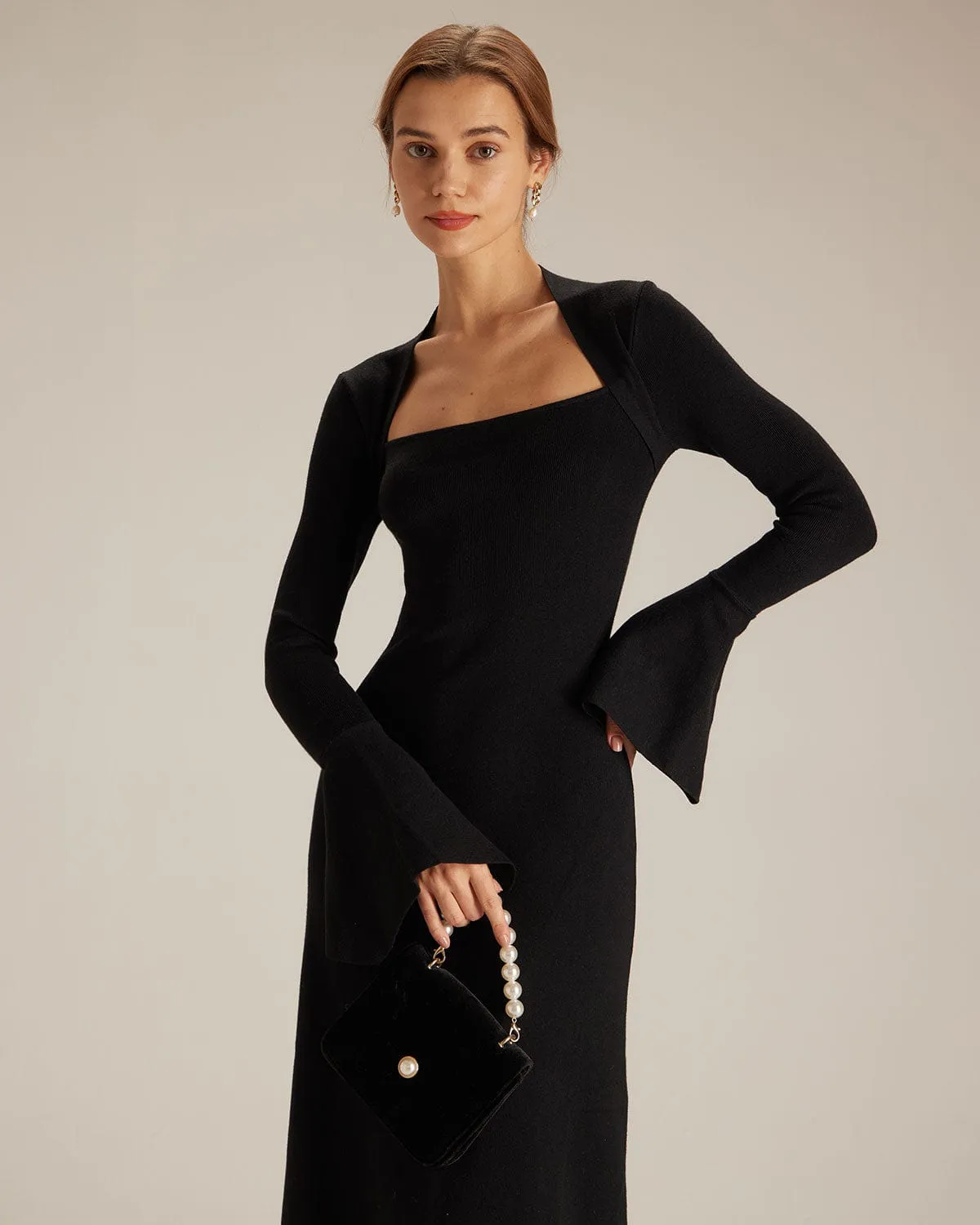 The Black Square Neck Flare Sleeve Midi Dress