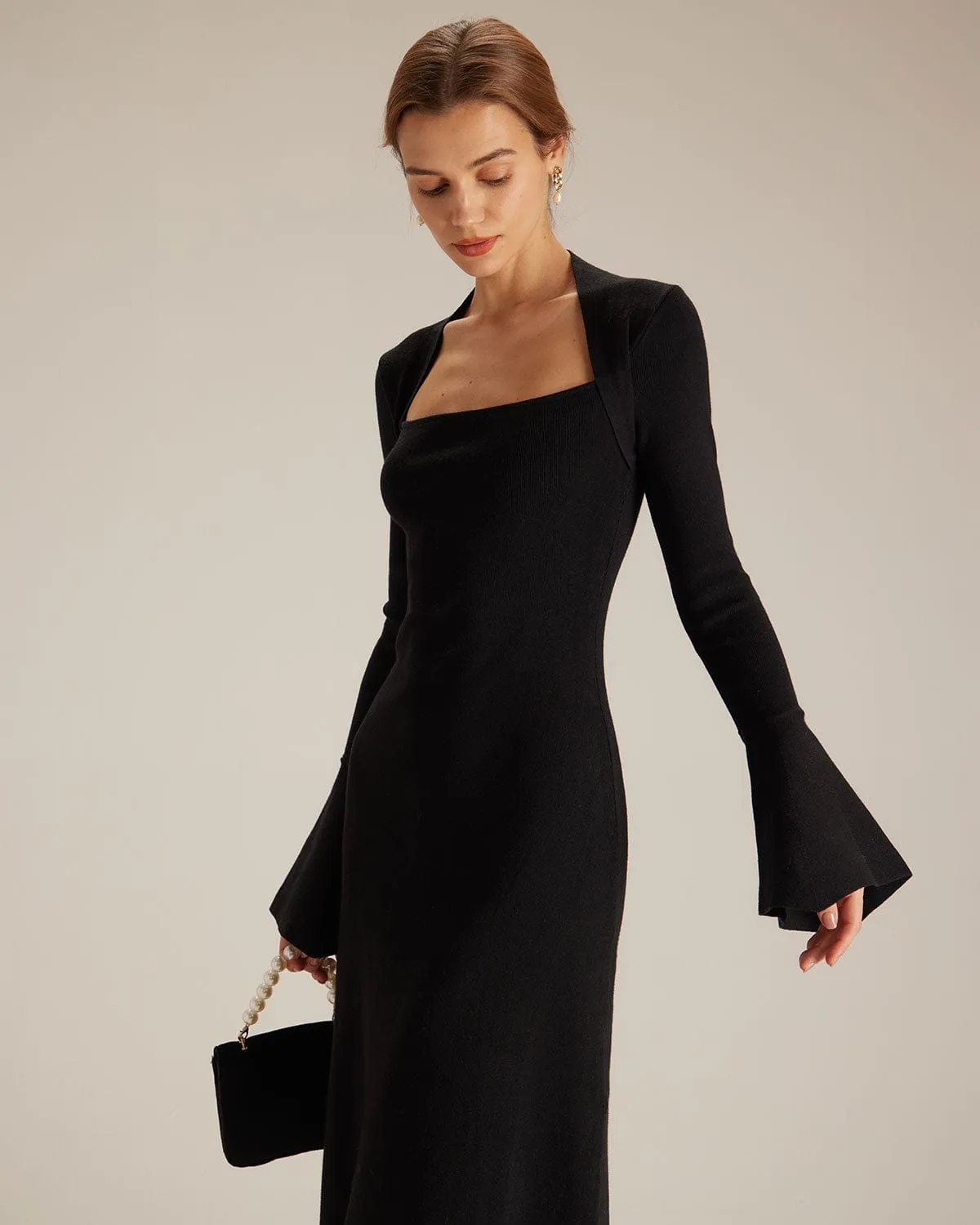 The Black Square Neck Flare Sleeve Midi Dress