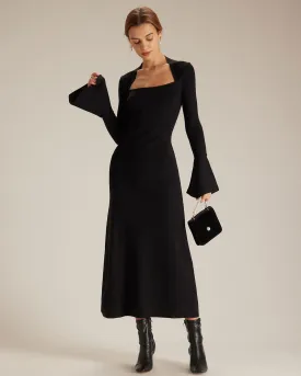 The Black Square Neck Flare Sleeve Midi Dress