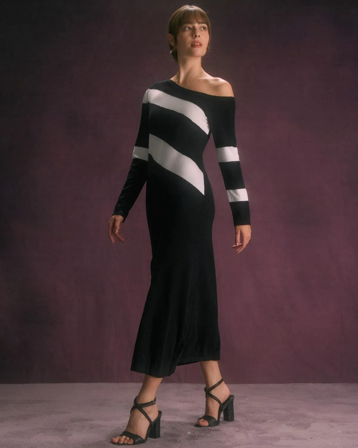 The Colorblock One Shoulder Knit Midi Dress