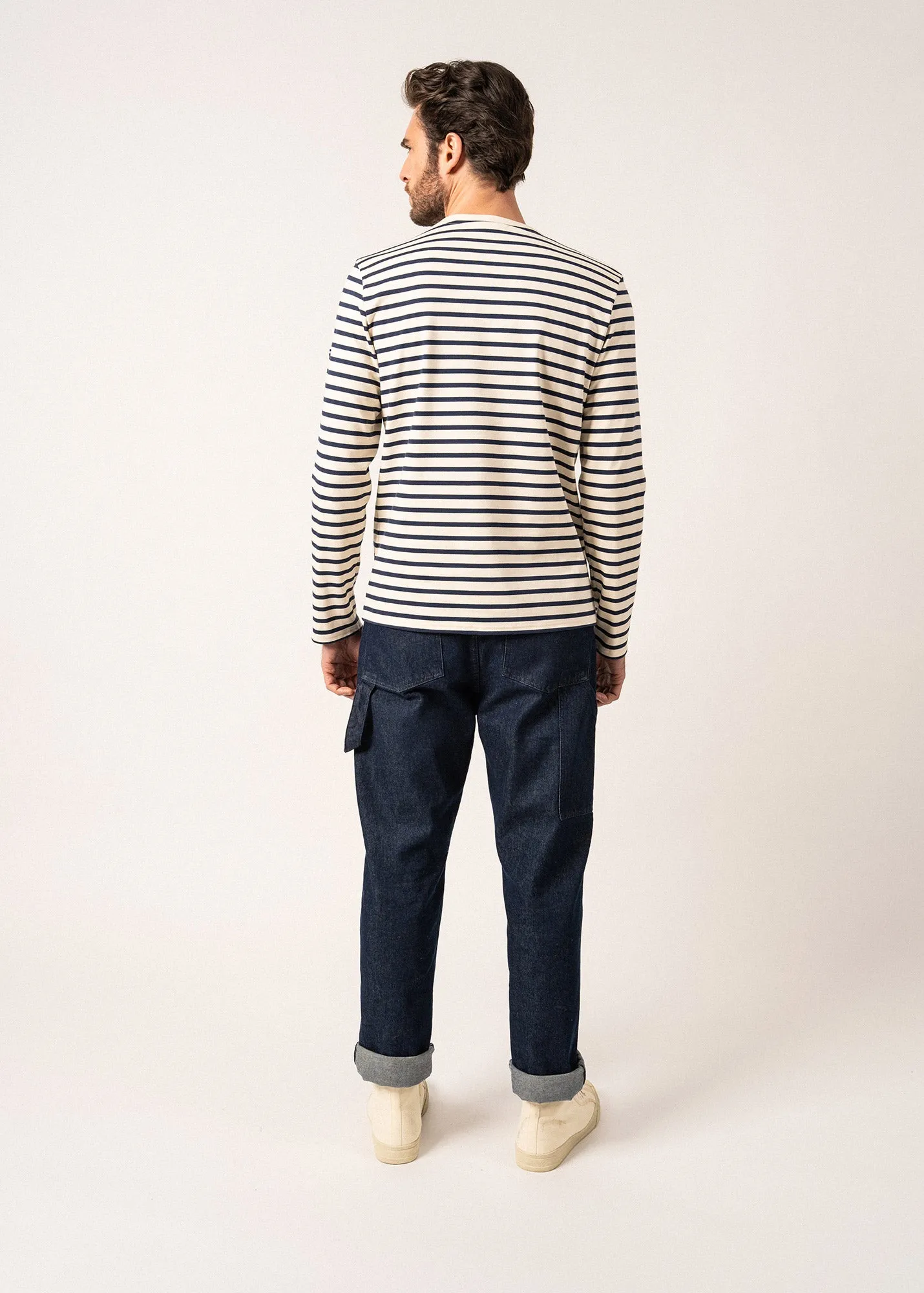 Valognes Round Neck Breton Shirt - in cotton interlock (ECRU/MARINE)