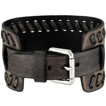 Weaved Distressed Brown Leather Wide Cuff