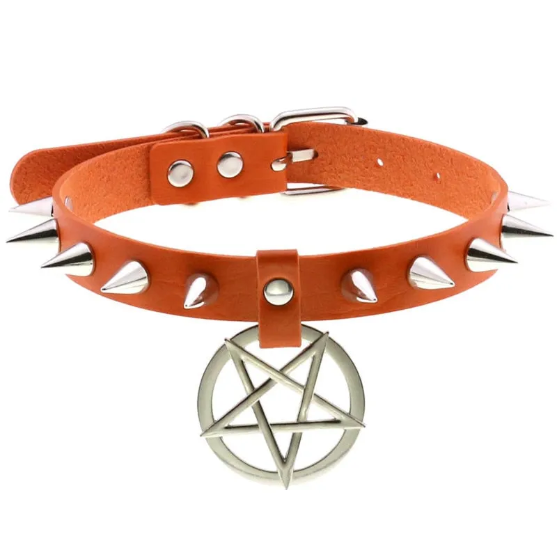 Women Pentagram Black Star Leather Choker Punk PU Leather Supernatur Spike Rivet Collar Studded