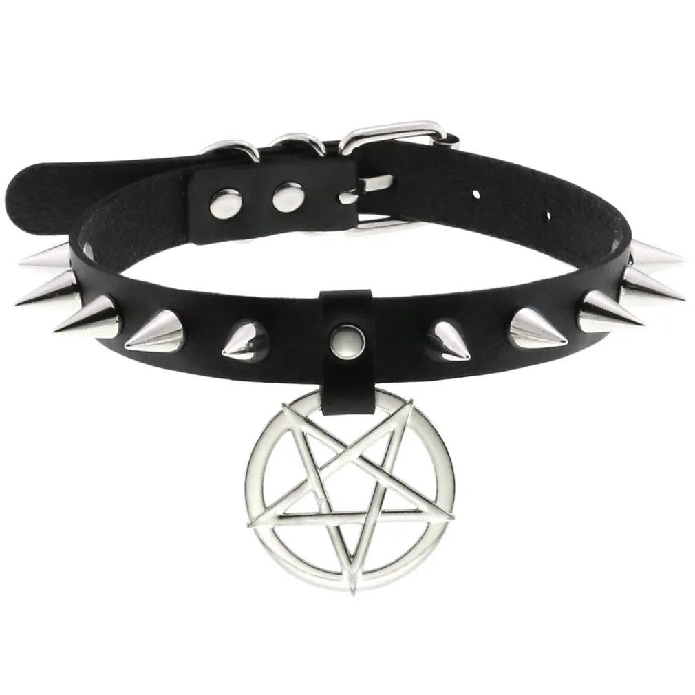 Women Pentagram Black Star Leather Choker Punk PU Leather Supernatur Spike Rivet Collar Studded