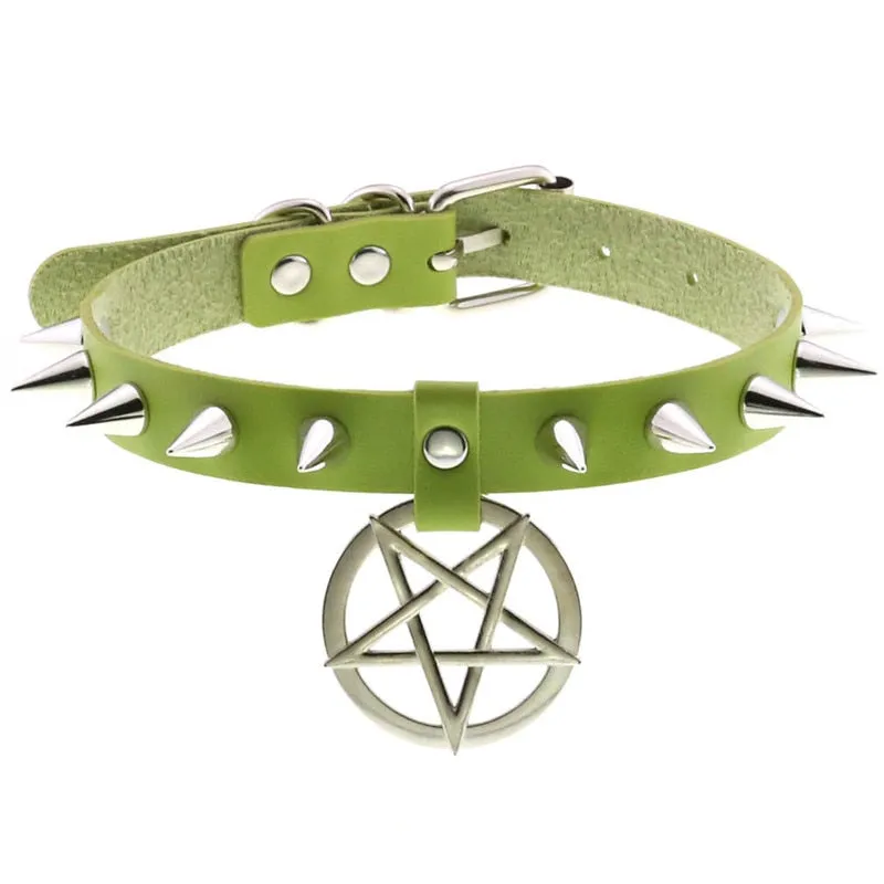 Women Pentagram Black Star Leather Choker Punk PU Leather Supernatur Spike Rivet Collar Studded